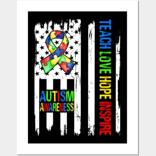 Teach Hope Love Inspire Autism Awareness Ribbon Mom Dad American Flag Autism Posters and Art